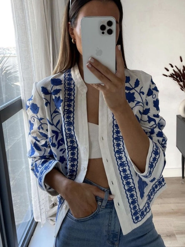 Kvinnors Broderad Kofta V-Ringad 100% Bomull-5