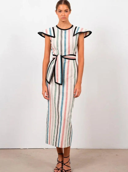 Kvinnors Midi Klänning Randig Ärmlös Polyester-5