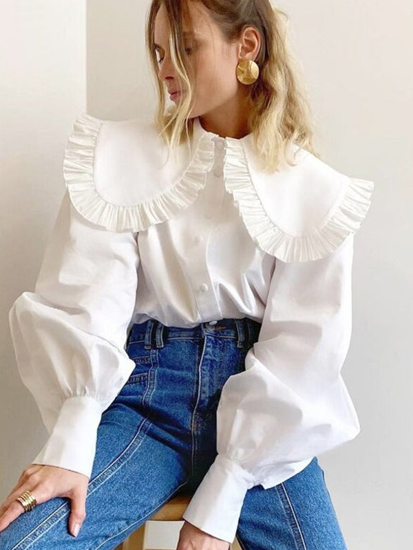 Kvinnors Skjorta med Peter Pan Krage och Puffärmar – 100% Bomull, Avslappnad Passform, Finns i S, M, L 7