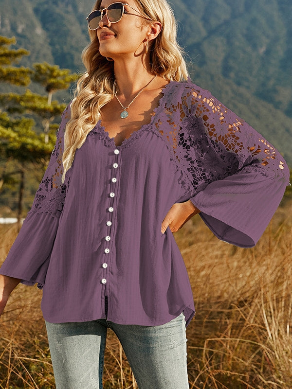 Elegant Dam Blus med Vintage Spetsdesign och Flödande Ärmar – Bomull och Polyester, Mångsidig för Vardag och Fest 11