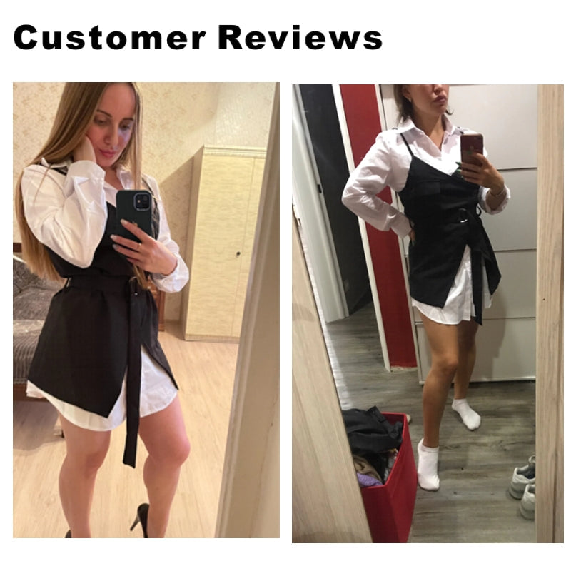 Kvinnors Tvådelad Outfit med Bälte – Vit Blus i Polyester med Klassisk Krage och Långa Ärmar 6