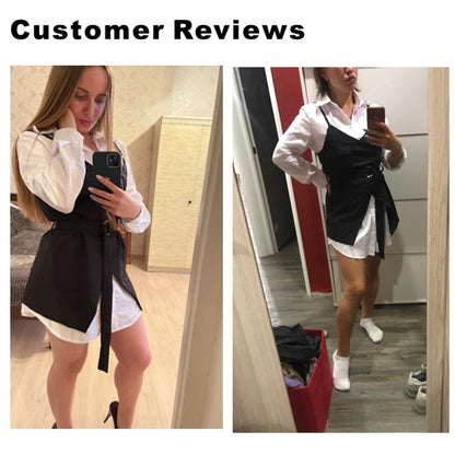 Kvinnors Tvådelad Outfit med Bälte – Vit Blus i Polyester med Klassisk Krage och Långa Ärmar 6