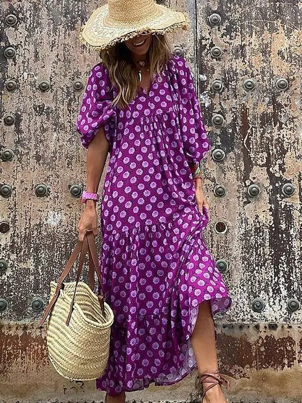 Damklänning V-ringad Bohemisk Stil Polyester med Puffärmar-3