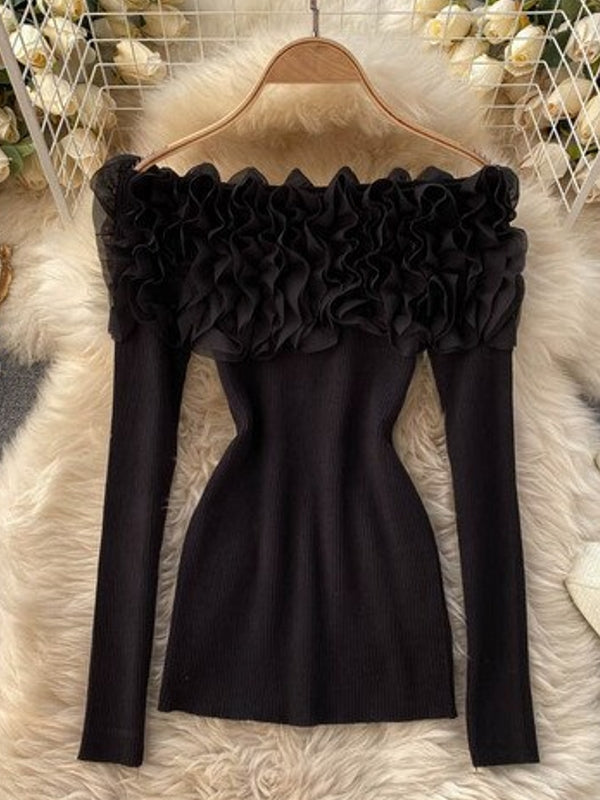 Dam Blus Utdrag Utanför Axlarna Polyester med 3D-Blommönster-5