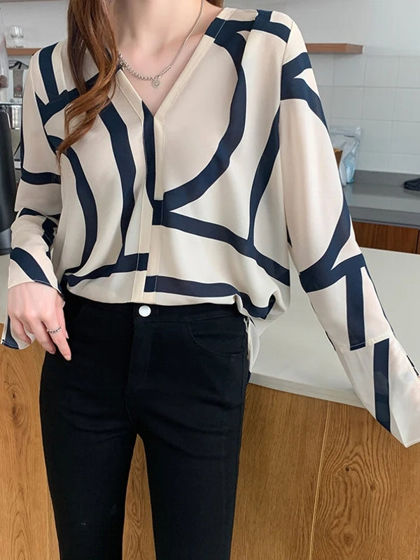 Dam Chiffongblus V-ringning Långa Ärmar Rynkfri Polyester-2