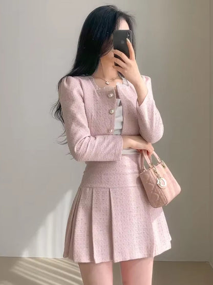 Kvinnors Tweedjacka Set med Skräddarsydd Minikjol Polyester-3