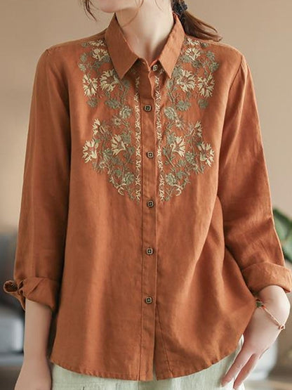 Kvinnors Blommig Skjorta Etnisk Stil Bomullslinn 8