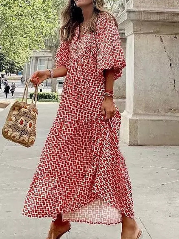 Damklänning V-ringad Bohemisk Stil Polyester med Puffärmar-4