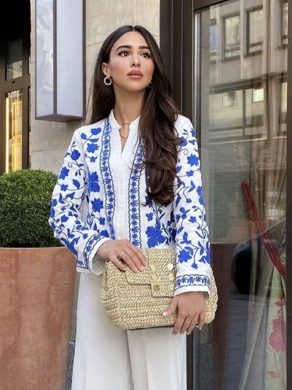 Kvinnors Broderad Kofta V-Ringad 100% Bomull-2