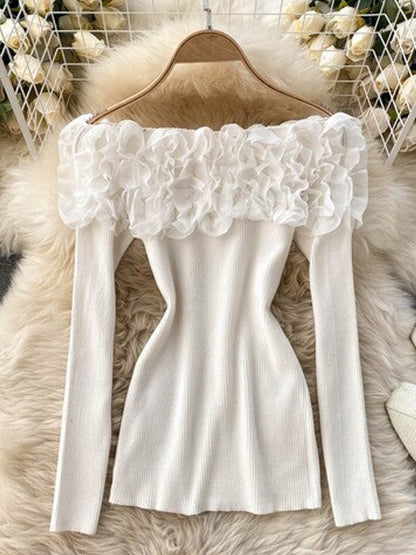Dam Blus Utdrag Utanför Axlarna Polyester med 3D-Blommönster-4