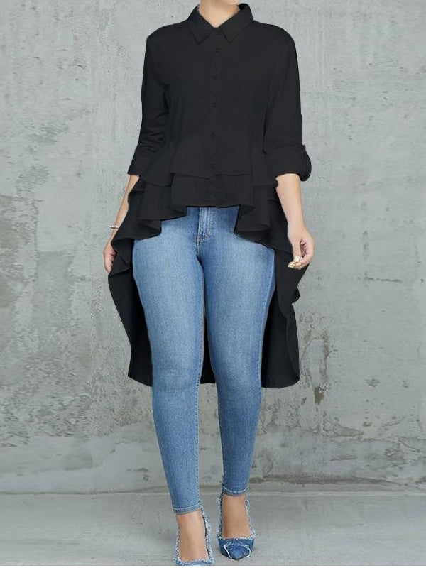 Dam Skjorta Ruffle Asymmetrisk Polyester med Långa Ärmar-3