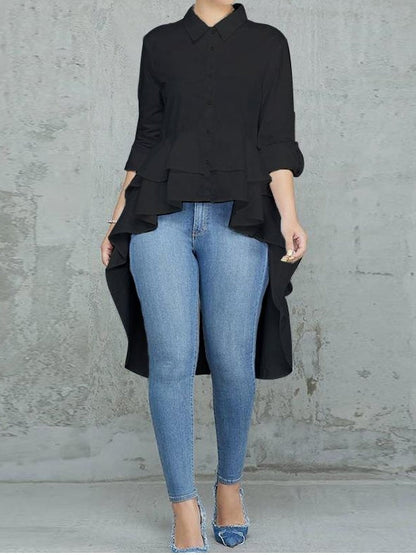 Dam Skjorta Ruffle Asymmetrisk Polyester med Långa Ärmar-3