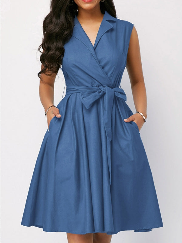 Damklänning A-linjeformad Midi Denim med Midjebälte-1