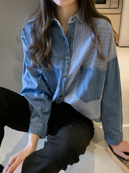 Långärmad T-Shirt Dam i Denim med Oregelbundet Randmönster – Trendig och Bekväm Design, Storlek M-XXXXL 7