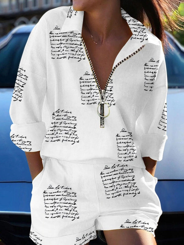 Dam Fritidsset Långärmad Skjorta Shorts Bomull Spandex Polyester-2