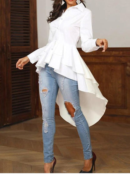 Dam Skjorta Ruffle Asymmetrisk Polyester med Långa Ärmar-1