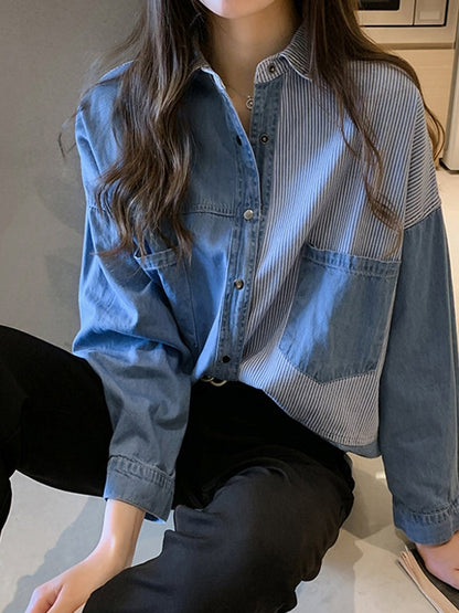 Långärmad T-Shirt Dam i Denim med Oregelbundet Randmönster – Trendig och Bekväm Design, Storlek M-XXXXL 3