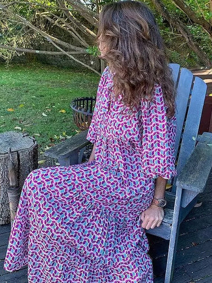 Variant image for Damklänning V-ringad Bohemisk Stil Polyester med Puffärmar-31