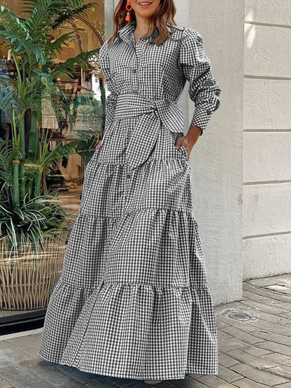 Dam Maxi Klänning Långärmad Med Fickor Av Bomull och Polyester-3