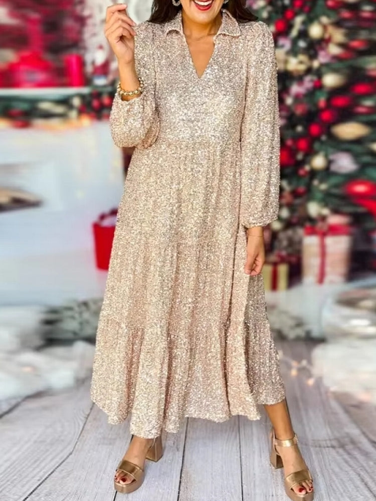 Kvinnors A-Linjeklänning Djup V-Urringning Pailletter Polyester-2