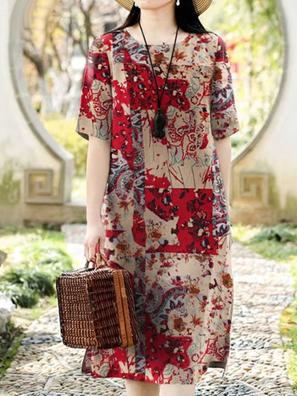 Dam Klänning Midi Blommigt Tryck i Bomull och Linne-5