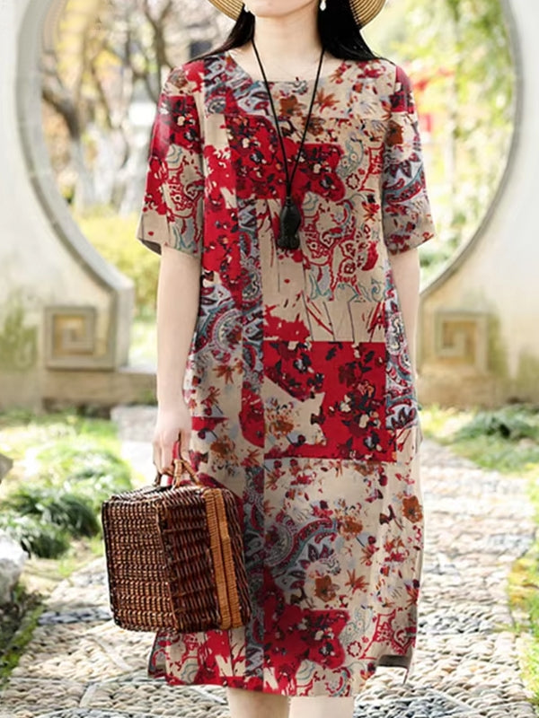 Kvinnors Kortärmad Klänning i 100% Bomull med Abstrakt Mönster och Fickor – Avslappnad Sommarstil 8