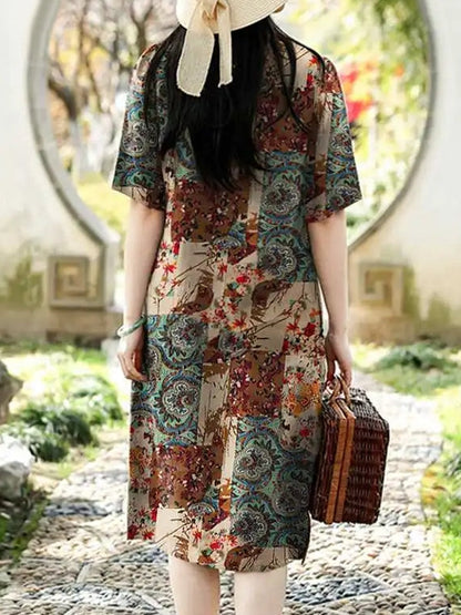 Kvinnors Kortärmad Klänning i 100% Bomull med Abstrakt Mönster och Fickor – Avslappnad Sommarstil 4