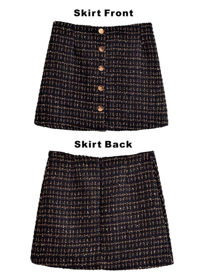 Dam Blazer Set Tweed Polyester med Gyllene Detaljer och Högskuren Minikjol 9