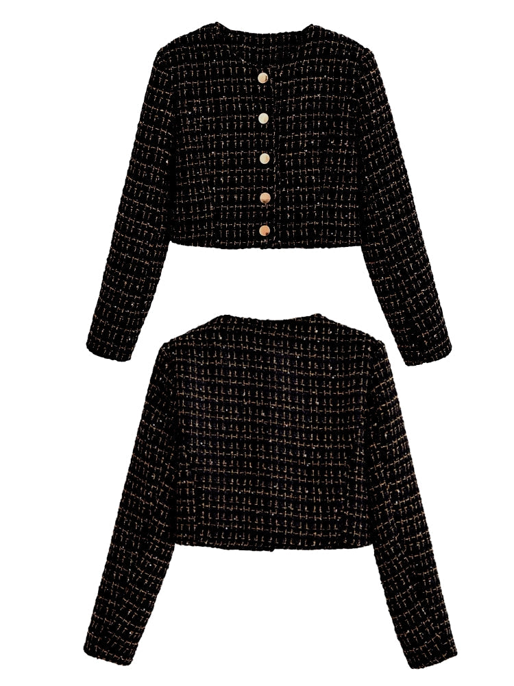 Dam Blazer Set Tweed Polyester med Gyllene Detaljer och Högskuren Minikjol 8