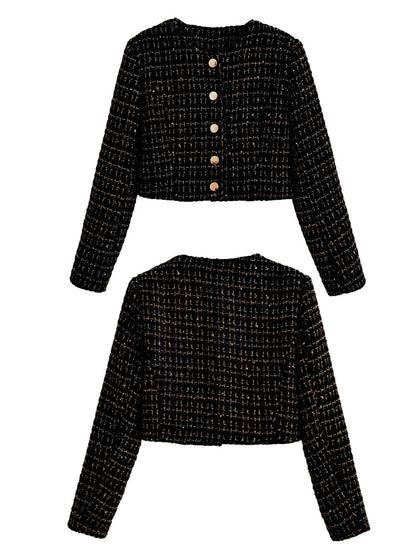Dam Blazer Set Tweed Polyester med Gyllene Detaljer och Högskuren Minikjol 8
