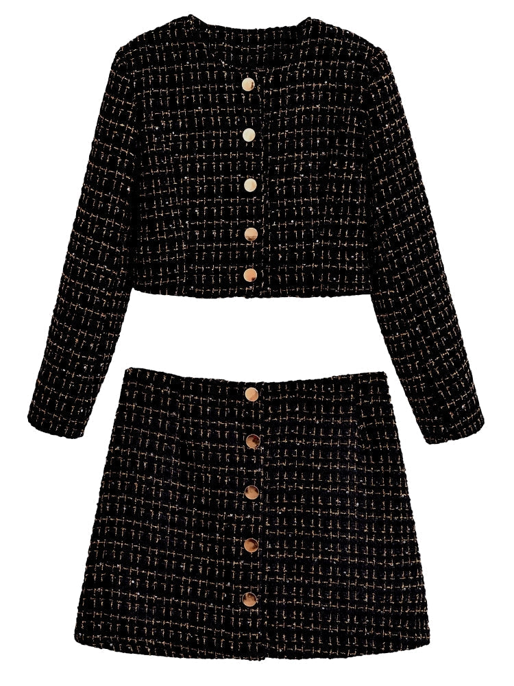 Dam Blazer Set Tweed Polyester med Gyllene Detaljer och Högskuren Minikjol 1