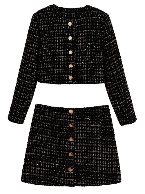 Dam Blazer Set Tweed Polyester med Gyllene Detaljer och Högskuren Minikjol 1