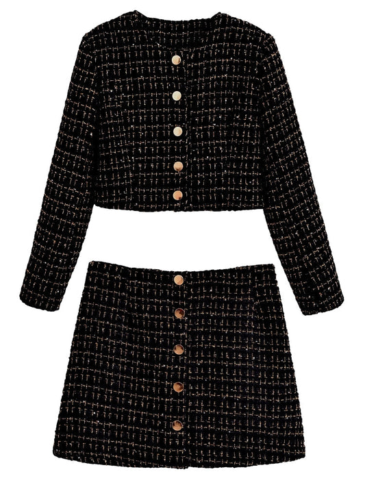 Dam Blazer Set Tweed Polyester med Gyllene Detaljer och Högskuren Minikjol 1