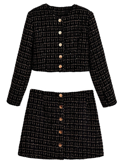 Dam Blazer Set Tweed Polyester med Gyllene Detaljer och Högskuren Minikjol 7
