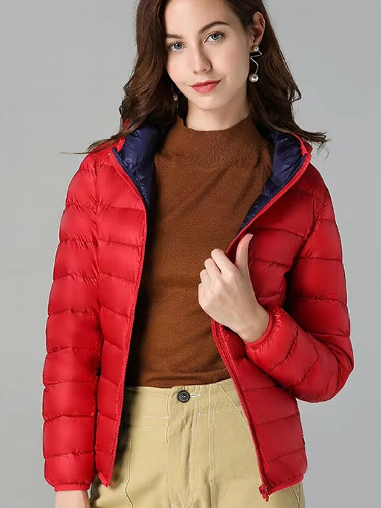 Lång Dunjacka Dam Vändbar Lättviktsjacka Nylon med Huva-2
