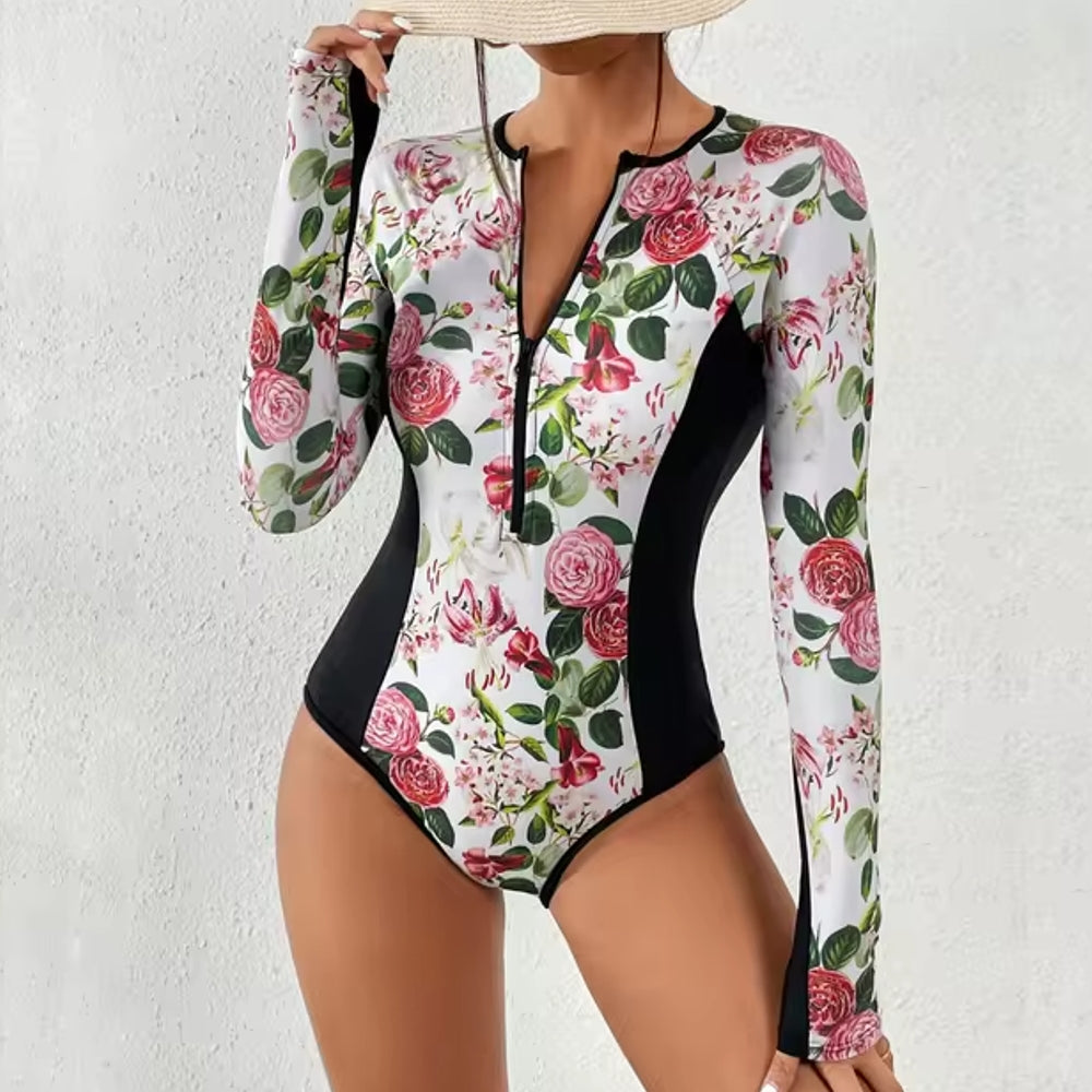 Variant image for Baddräkt Dam Långärmad Retro Blommotiv Nylon Spandex-49