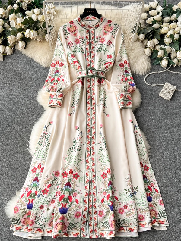 Maxiklänning Dam Bohemisk Blommönster Långärmad Polyester-2