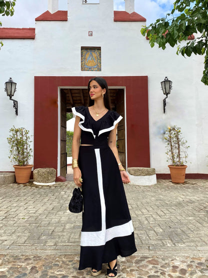 Dam V-ringad Toppset Hög Midja Lång Kjol Lätt Material 4