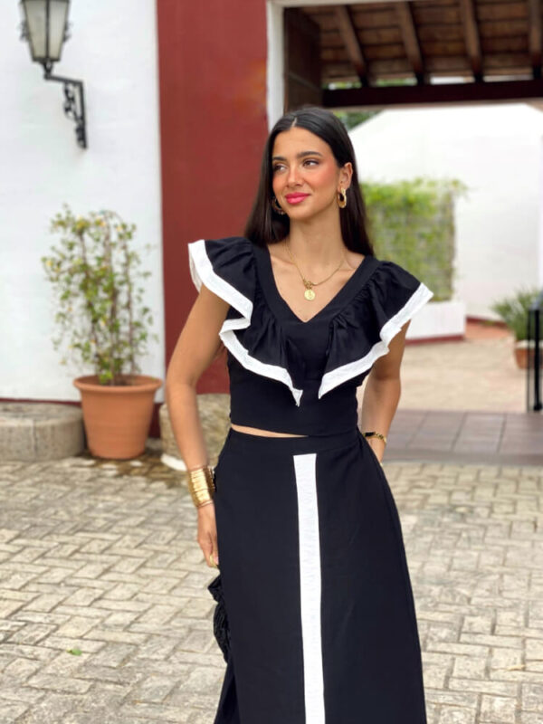 Dam V-ringad Toppset Hög Midja Lång Kjol Lätt Material 2