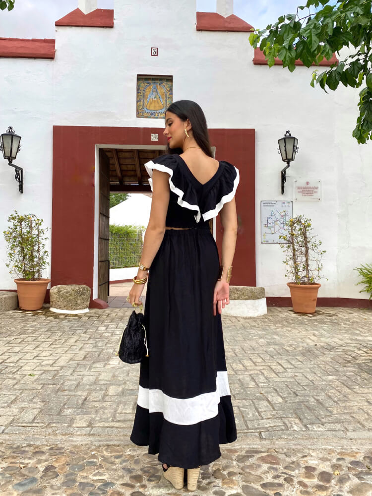 Dam V-ringad Toppset Hög Midja Lång Kjol Lätt Material 3