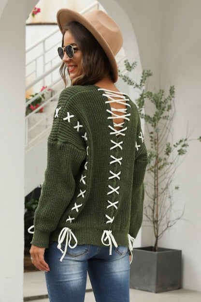 Dam Pullover Långärmad V-ringad Löst Stickad Bomull Polyester-4