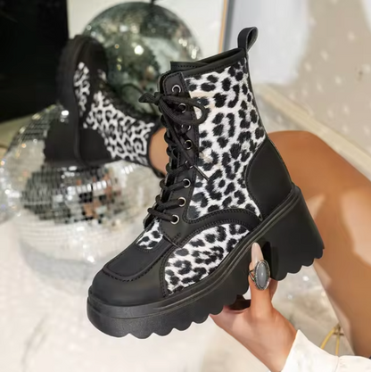 Dam Stövlar Chunky Klack Läder Leopardmönster-5