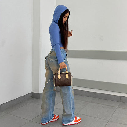 Dam Jeans Hög Midja Löst Fit Raka Ben Bomull 3