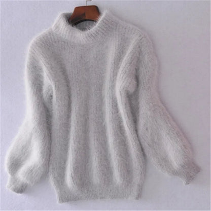 Dam Stickad Tröja Löst Angora Turtleneck Mjuk och Andningsbar-4