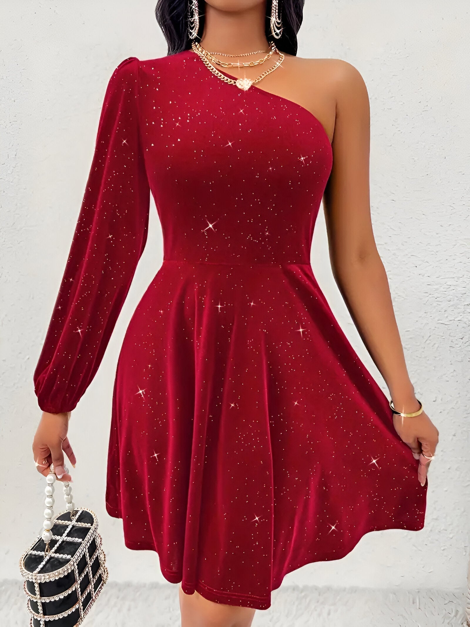 Kvinnors Klänning Asymmetrisk En-Axel Design Rufflar Kvalitativt Tyg-5