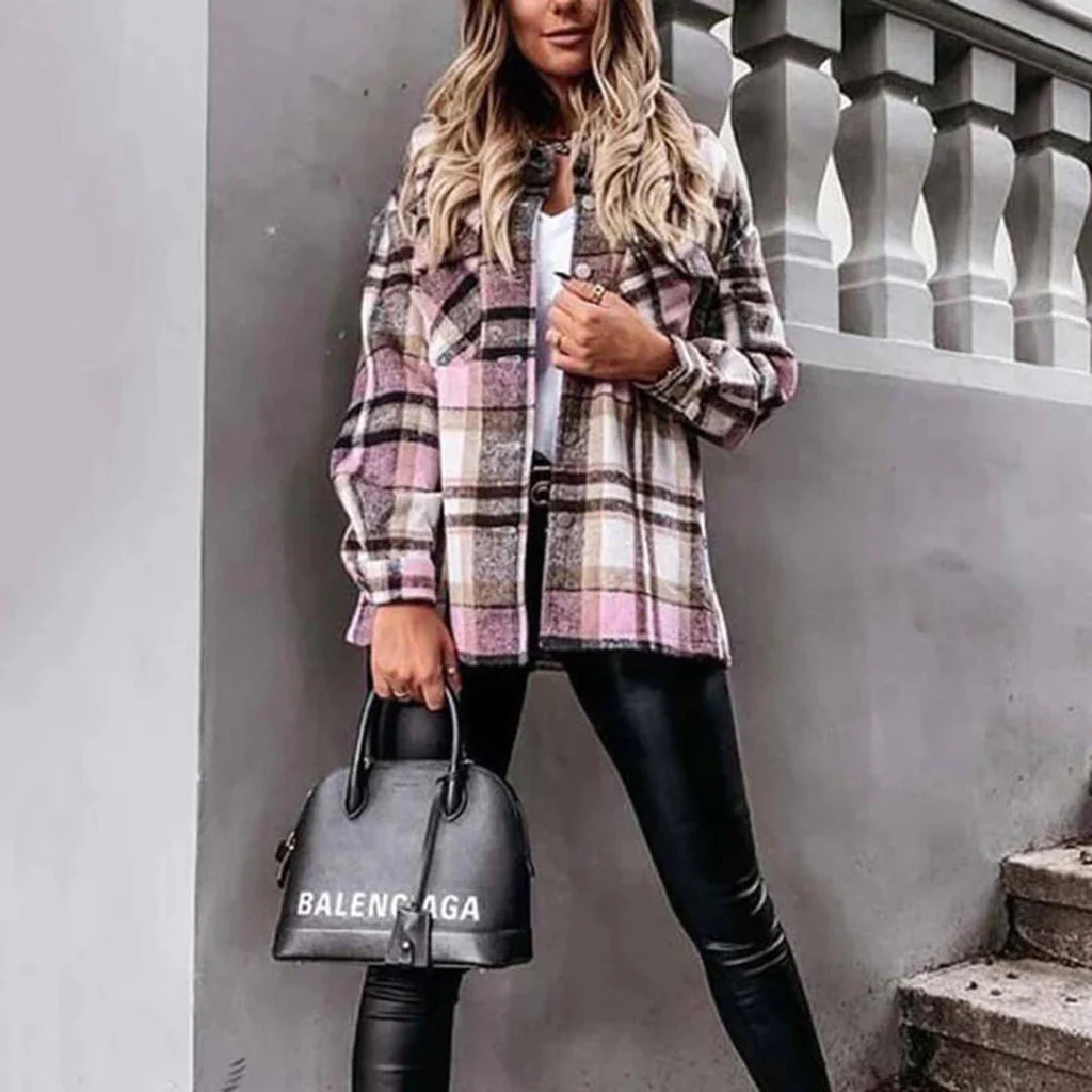 Vårjacka Dam Överdimensionerad Rutigt Mönster Polyester-Ullmix-2