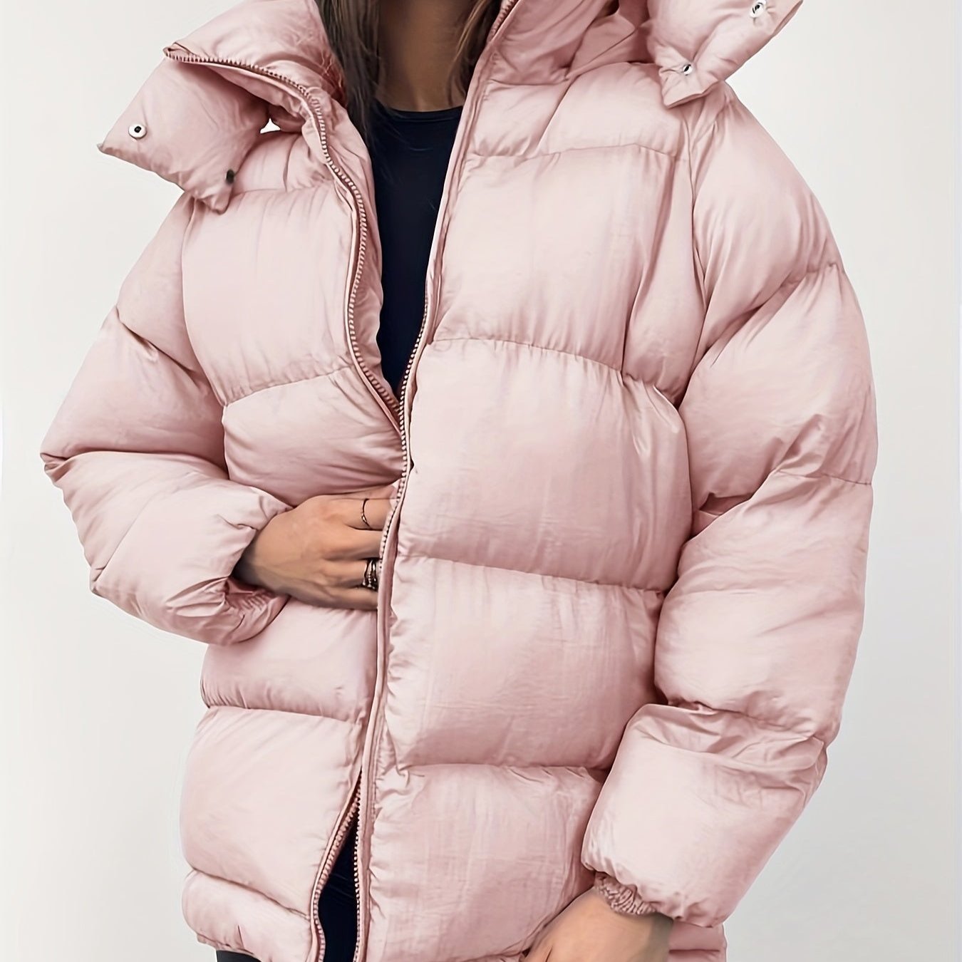 Dam Lång Vinterjacka Monokrom Mjuk Blandningstyg med Dragkedja-4