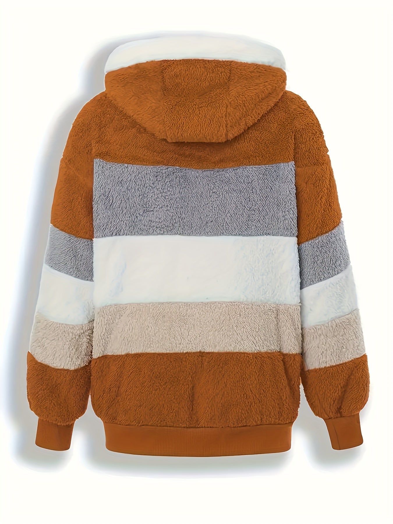 Dam Lång Teddyjacka Färgblockad Teddyfleece med Huva och Fickor 2