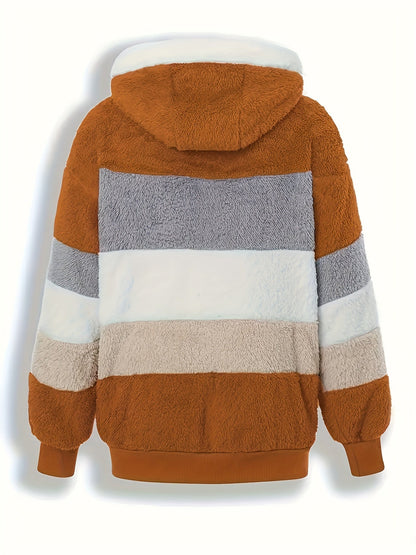 Dam Lång Teddyjacka Färgblockad Teddyfleece med Huva och Fickor 2