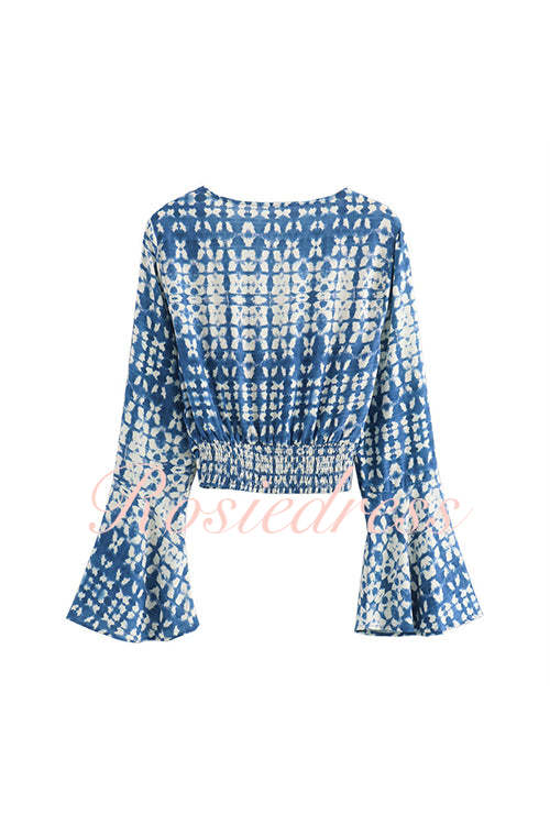 Dam V-hals Skördetopp med Klockärmar och Twist Front i Bomull och Polyester-3